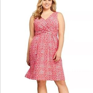Lands End Women's Front Fit and Flare Dress Coral Print Size S
